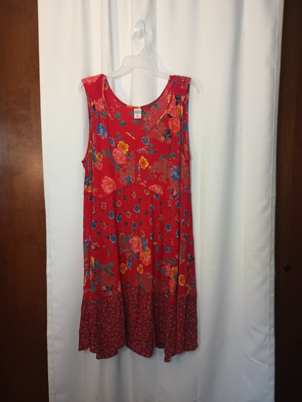 Billabong Womens Boho Hippie Floral Patchwork Dress XL Red Flowy Festival